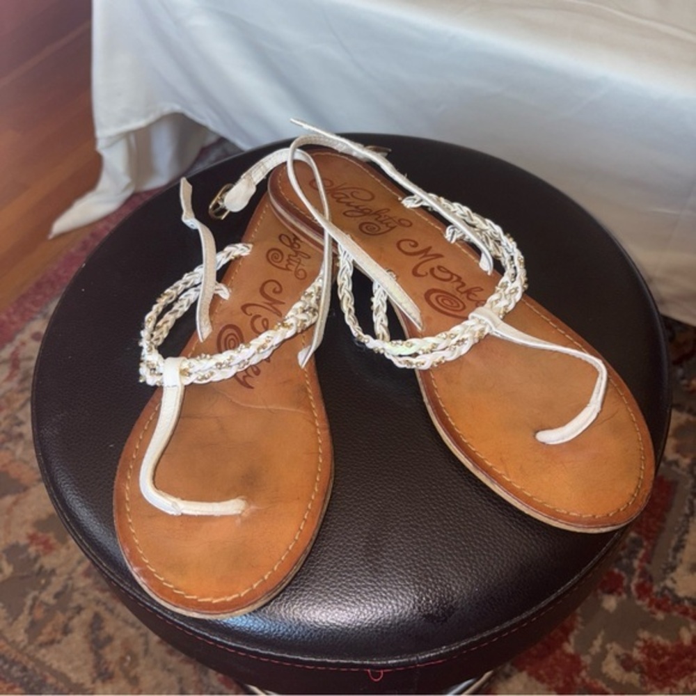 Naughty Monkey Sandals, size 9.5 white leather ,with  bling ,